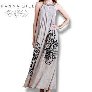 ANTHROPOLOGIE RANNA GILL Grandiflora Halter Maxi Dress Floral Embroidered | Sz M